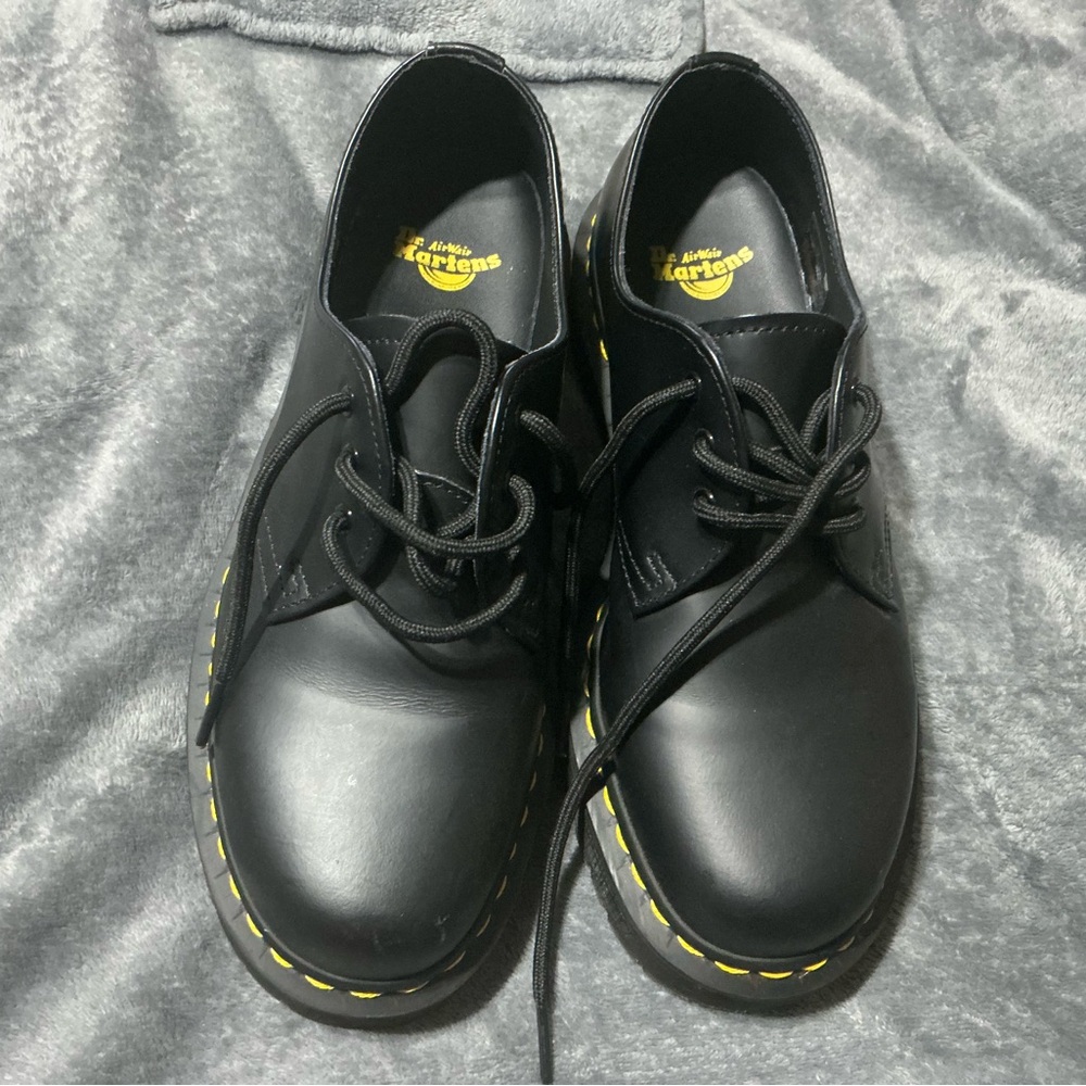 Dr. Martens Black Leather Lace-Up Shoes with Yellow Stitching
